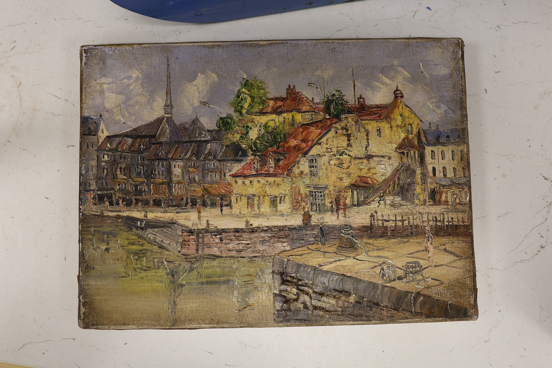 A painted ply Noah's Ark with animals, two Victorian iron door stops, a painted toleware cockerel and an oil on canvas of a harbour view. Condition - varies